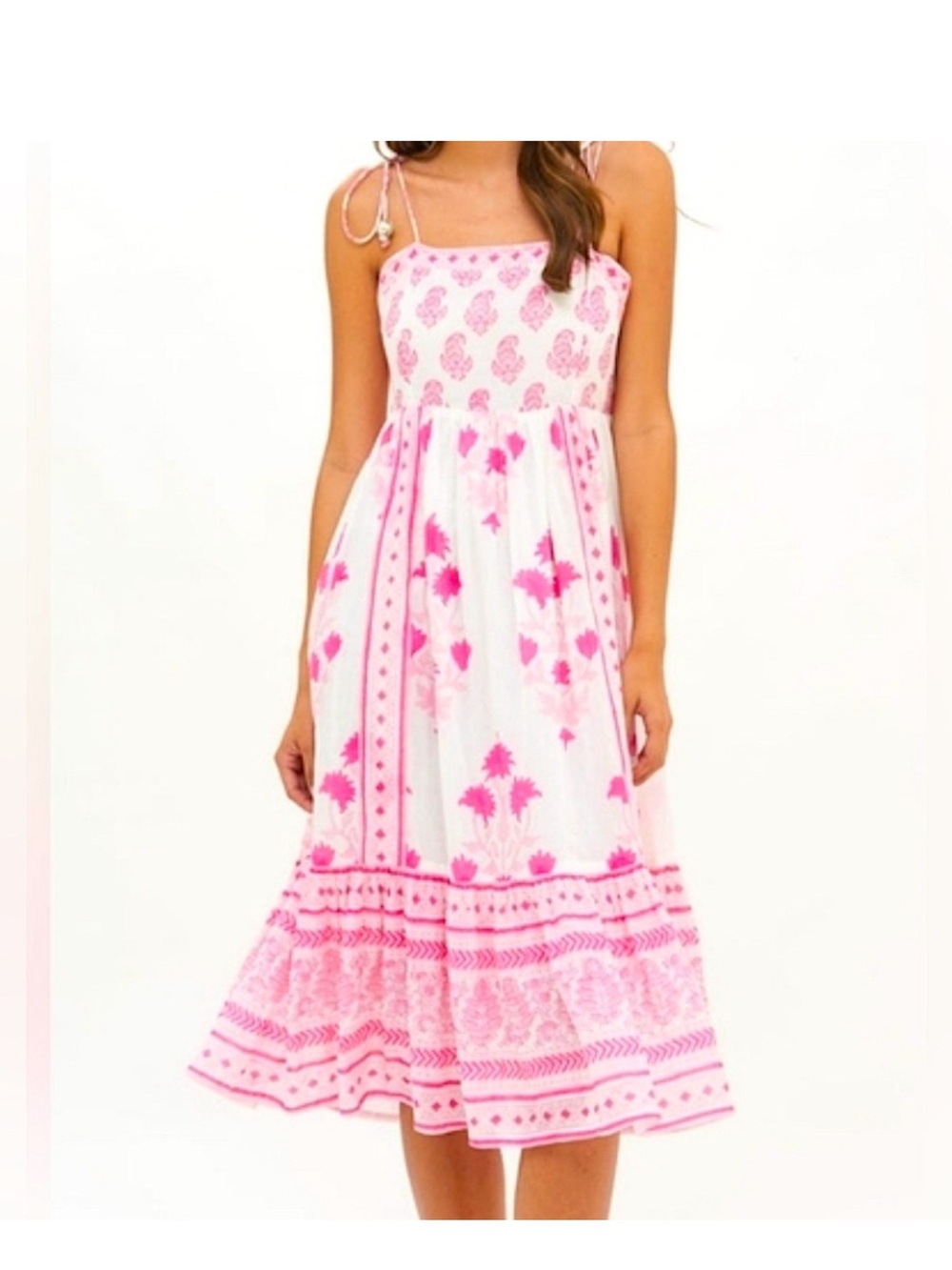 Oliphant Tuckernuck Tie Strap Jaipur White and Pink Midi Dress